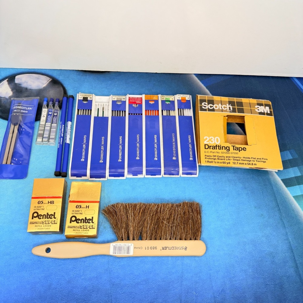 Vintage Drafting Supply Kit Staedtler Mars Lead Brush Pentel 0.5 Tape Bow Divide